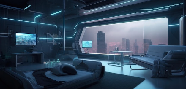 Een kamer met uitzicht op een stadsgezicht en een groot raam waarop 'cyberpunk' staat