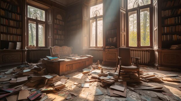 Een kamer met veel boeken op de vloer en een licht dat door het raam schijnt