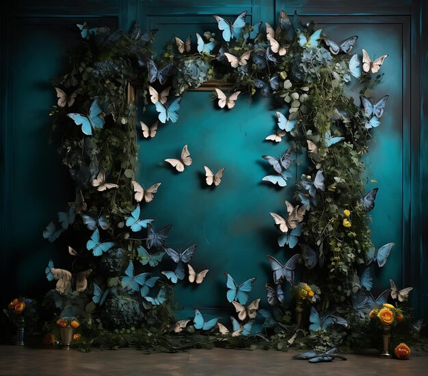 een kamer met vlinders en een muur met een vlinder erop