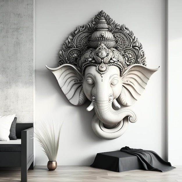 Een kamer met witte muren met een standbeeld van een Indiase mythologische God Lord Ganesha zoals Mural Ai gegenereerd