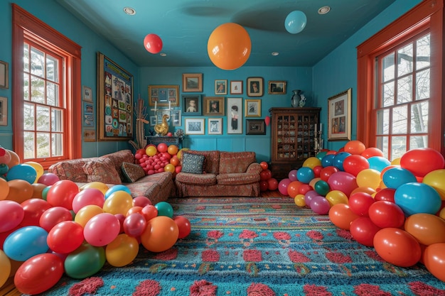 Foto een kamer veranderd in een vreugdevolle wonderland door een menigte van kleurrijke ballonnen