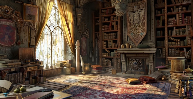 Een kamer versierd met oude tomen magische artefacten en ingewikkelde wandtapijten Generative Ai