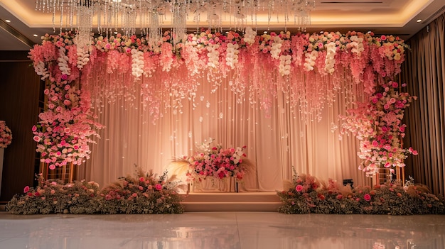een kamer versierd voor een bruiloft met bloemen en kaarsen