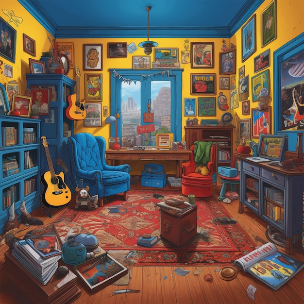 Foto een kamer vol helderblauwe verf met accenten van geel en rood