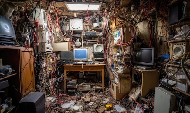 Foto een kamer vol met veel computerapparatuur.