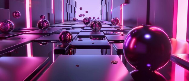 Een kamer vol roze ballen met een neonglans.
