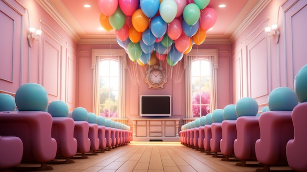 Een kamer vol roze stoelen en ballonnen.