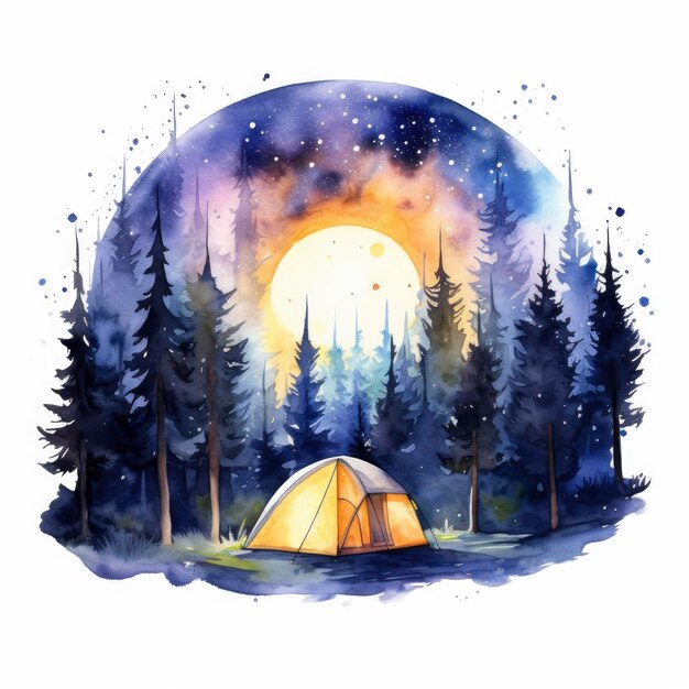 Een kampeertent in het bos met nachtelijke lucht waterverf voor T-shirtontwerp