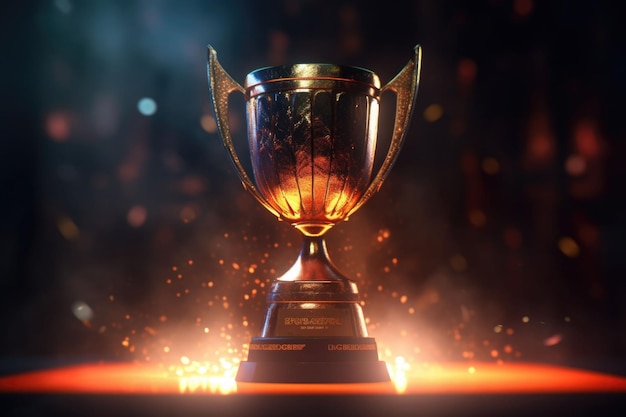 Een kampioenentrofee Gouden beker vuur en vallende confetti sportprijs Generatieve AI-illustratie