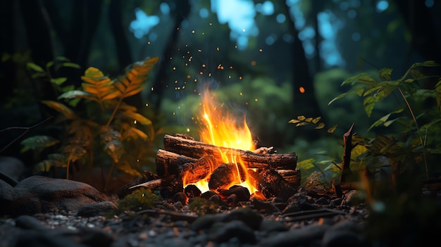 Een kampvuur in het bos.