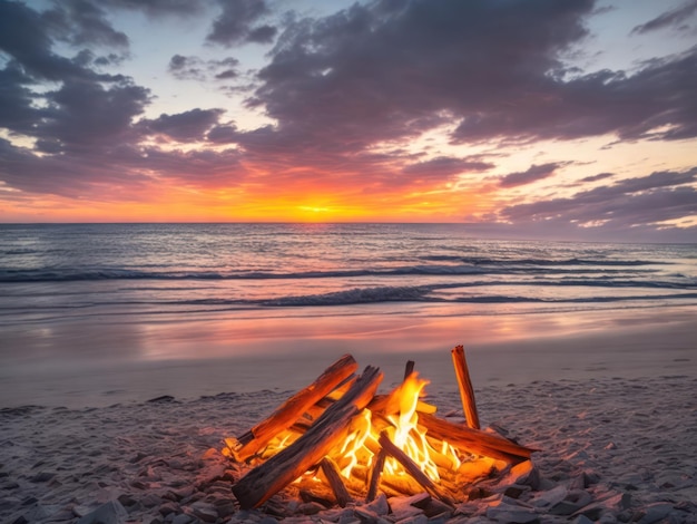 Een kampvuur op het strand bij zonsondergang