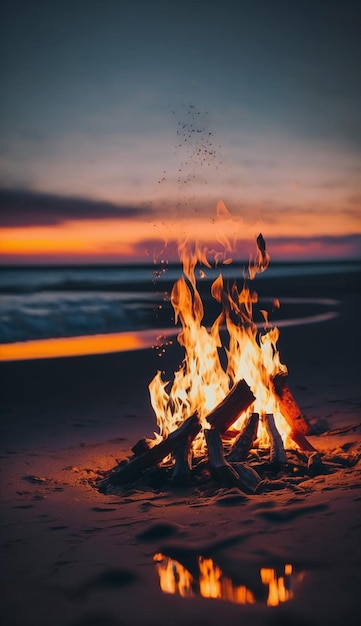 Een kampvuur op het strand met een zonsondergang op de achtergrond.