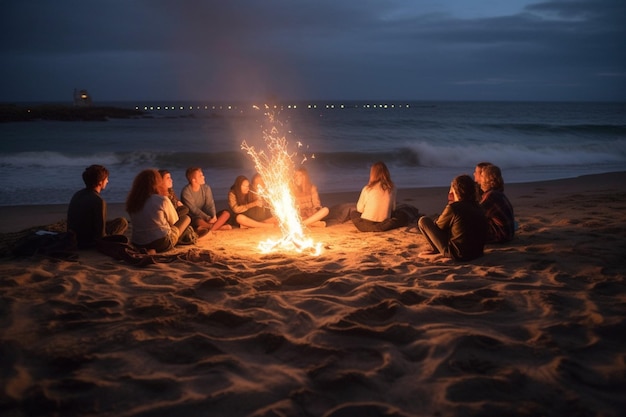 Foto een kampvuur op het strand met vrienden