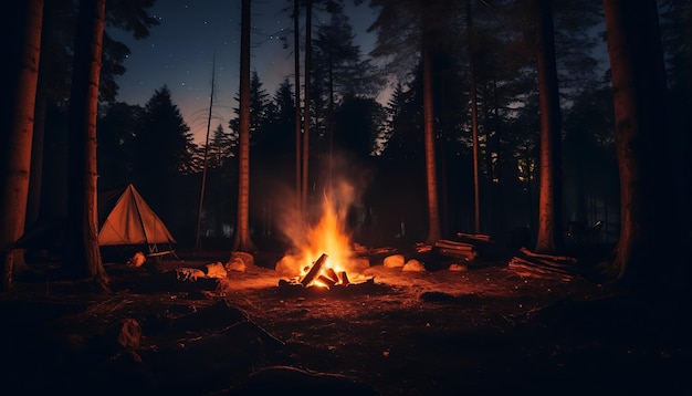 een kampvuur tijdens de nacht in een bos, ai generatief