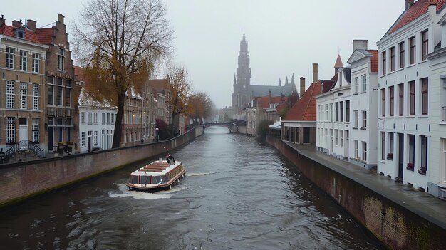 Foto een kanaal in brugge belgië met een boot die er langs passeert het kanaal is omringd door kleurrijke gebouwen en bomen met een kerktoren in de verte