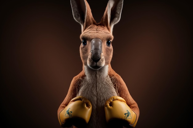 Een kangoeroe met een bokshandschoen staat voor een donkere achtergrond