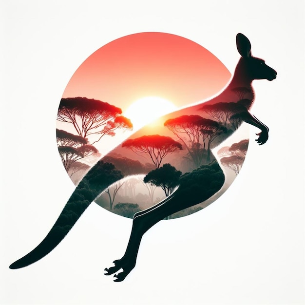een kangoeroe met een zonsondergang op de achtergrond gemengde illustratie