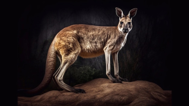 Een kangoeroe staat op een rots in een donkere kamer Natuurfotografie