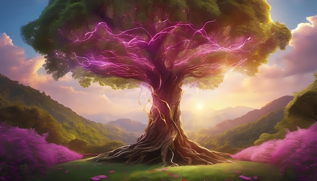 Een kankerbewustzijnslint getransformeerd in een majestueuze boom die groei en leven symboliseert