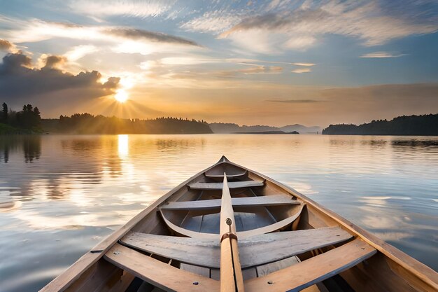 een kano drijft bij zonsondergang op een meer.