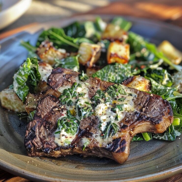 Een kant van verbrande romaine caesar salade geserveerd met een gegrilde steak het creëren van een perfecte balans van rokerige en hartige smaken