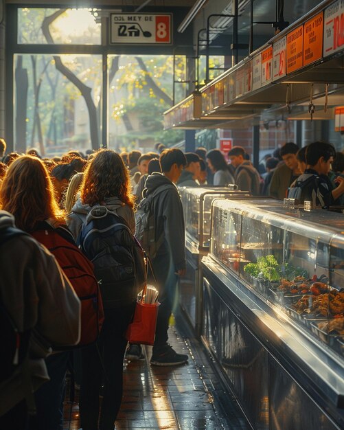 Een kantine met studenten die in de rij staan