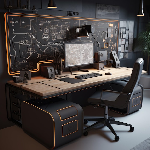 Foto een kantoor bureau gemaakt in een technologisch ontwerp vol met verborgen details en vastgelegd in een palet van donkergrijs en beige