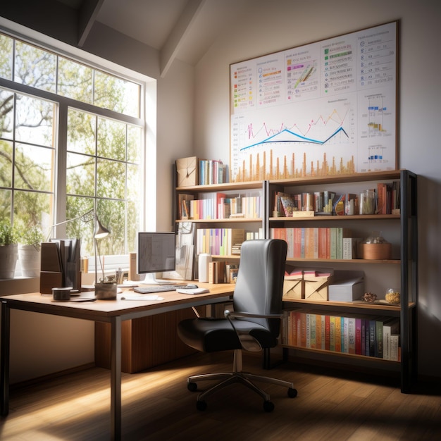 Foto een kantoor met een groot raam, een bureau, een stoel en een boekenplank.