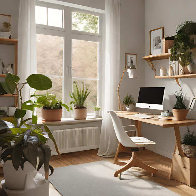 Foto een kantoor met planten en een computer op een bureau