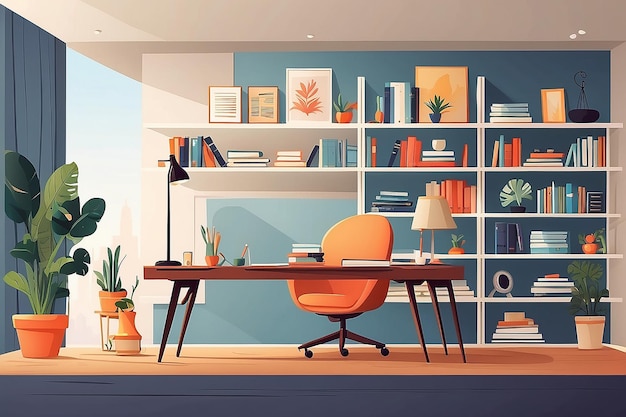 Een kantoor thuis met een boekenplank gevuld met inspirerende boeken en kunstwerken Vector illustratie in platte stijl