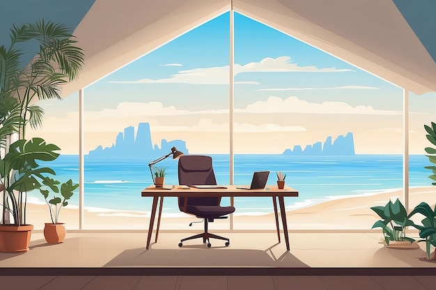 Een kantoor thuis met een panoramisch uitzicht op een strand creëert een serene werkomgevingVectorillustratie in platte stijl