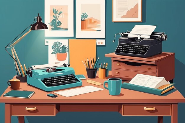 Foto een kantoor thuis met een retro-geïnspireerde schrijfmachine en vintage bureau accessoires vector illustratie in platte stijl
