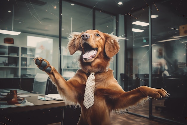 Een kantoorhond die indrukwekkende trucs laat zien tijdens een teambuildingactiviteit op het werkkantoor