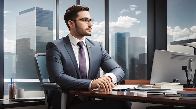 Een kantoorman in een pak die aan een bureau zit en uit een raam kijkt, gegenereerd door AI.