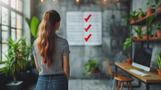 Een kantoormedewerker die aan een moderne computer werkt op een virtueel scherm omringd door documenten met checkboxlijsten