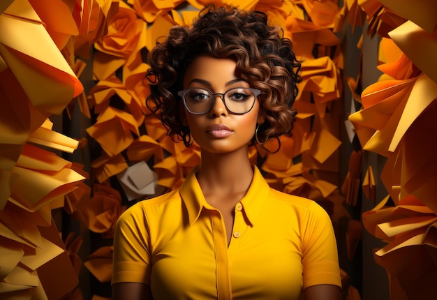 Een kantoormedewerker in gele hemden Een vrouw in een geel hemd en een bril