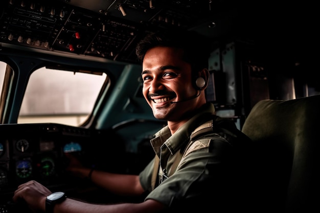 Een kapitein-piloot in uniform glimlacht in de cockpit van een passagiersvliegtuig van een vrachtvliegtuig gegenereerd door AI