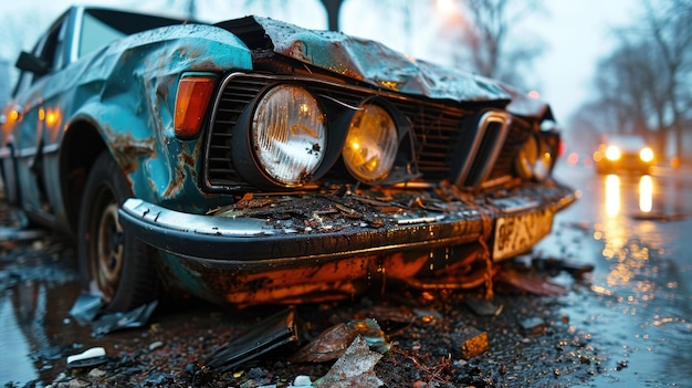 Foto een kapotte oude auto op straat in de regen's nachts.