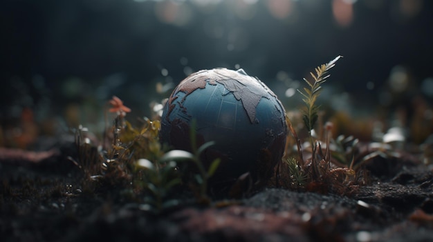 Foto een kapotte wereldbol ligt in het gras met op de voorgrond een mes.