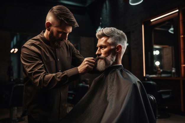 Een kapper met een baard in een zwarte jas knipt het haar van een klant