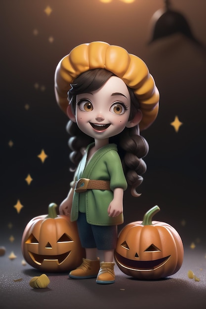 Een karakter-schattige cartoon-vrouw houdt een pompoen vast met een Halloween-modestijl