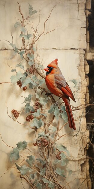 een kardinaal vogel met een rode snavel zit op een tak met een ananas op de achtergrond