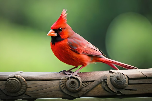 Een kardinaal zit op een bankje in de tuin.