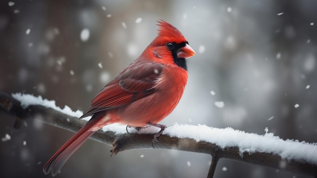 Een kardinaal zit op een tak in de sneeuw.