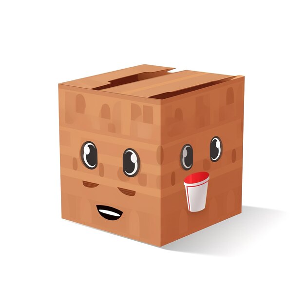 Een kartonnen doos met een gezicht en een kop koffie erop.