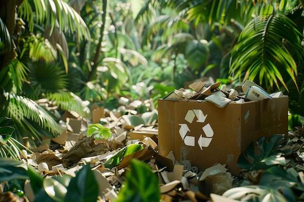 Een kartonnen doos met een wit recycling symbool erop zit in een stapel afval