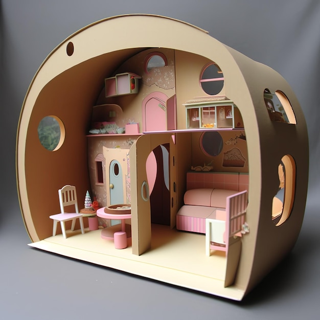 Een kartonnen poppenhuis met een roze bed en een bank.
