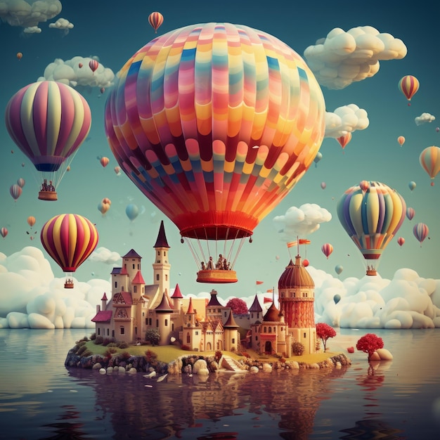 een kasteel en luchtballonnen die in het water drijven