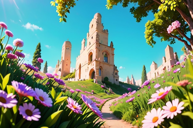 Een kasteel in de tuin met bloemen op de voorgrond
