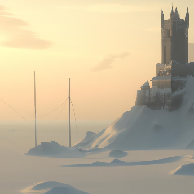 Een kasteel in het sneeuwland, digitale kunstachtergrond